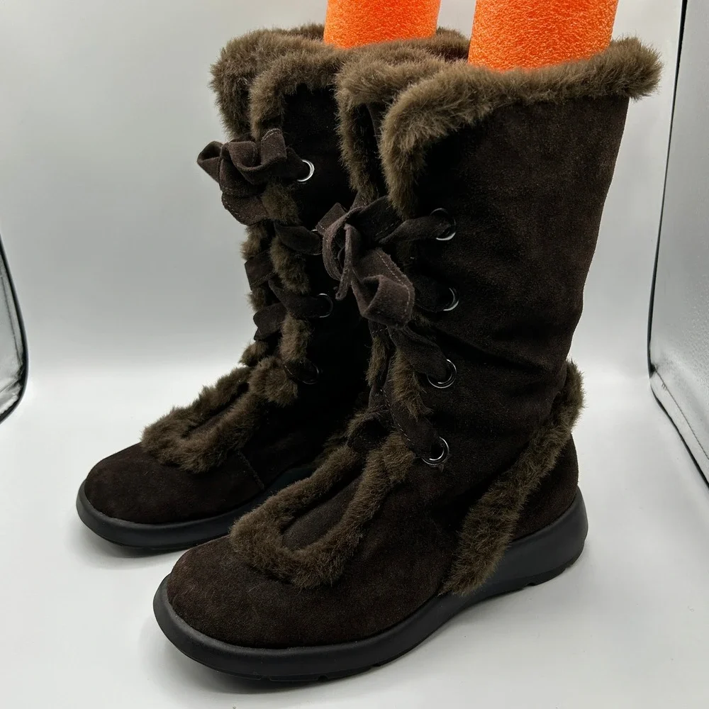 Aerosoles Brown Suede Faux Fur Trim Lace Up Mid Calf Winter Boots 5.5 Neutral